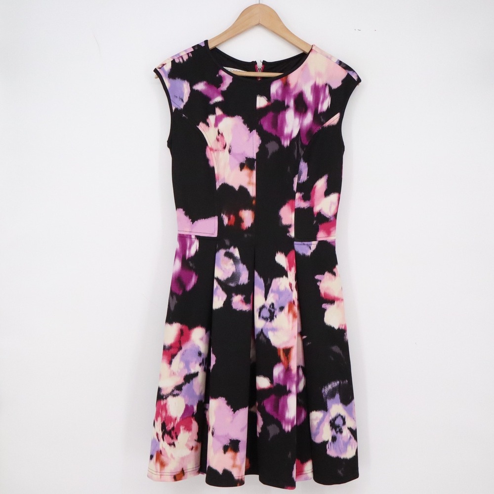 Maggy London Dress Womens 6 Fit and Flare Black Purple Floral Sleeveless Exc